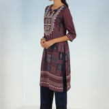 Maroon Printed Embroidered Kurta with Embellished Front Yoke