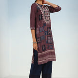 Maroon Printed Embroidered Kurta with Embellished Front Yoke