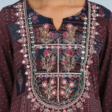 Maroon Printed Embroidered Kurta with Embellished Front Yoke