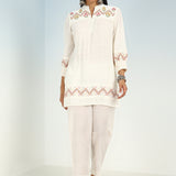 Ivory A line Rayon Tunic with Embroidery and Smocking effect Puffed Sleeve