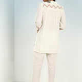 Ivory A line Rayon Tunic with Embroidery and Smocking effect Puffed Sleeve