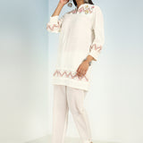 Ivory A line Rayon Tunic with Embroidery and Smocking effect Puffed Sleeve