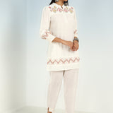 Ivory A line Rayon Tunic with Embroidery and Smocking effect Puffed Sleeve