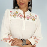 Ivory A line Rayon Tunic with Embroidery and Smocking effect Puffed Sleeve