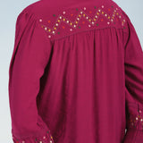 Fuchsia A line Rayon Tunic with Embroidery and Smocking effect Puffed Sleeve