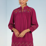 Fuchsia A line Rayon Tunic with Embroidery and Smocking effect Puffed Sleeve