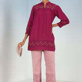 Fuchsia A line Rayon Tunic with Embroidery and Smocking effect Puffed Sleeve