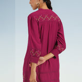 Fuchsia A line Rayon Tunic with Embroidery and Smocking effect Puffed Sleeve