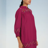 Fuchsia A line Rayon Tunic with Embroidery and Smocking effect Puffed Sleeve