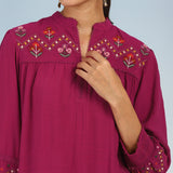 Fuchsia A line Rayon Tunic with Embroidery and Smocking effect Puffed Sleeve