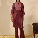 Wine Striped Kurta Set with Mirrorwork