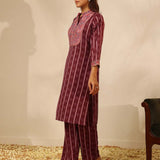 Wine Striped Kurta Set with Mirrorwork