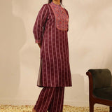 Wine Striped Kurta Set with Mirrorwork