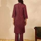 Wine Striped Kurta Set with Mirrorwork