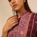 Wine Striped Kurta Set with Mirrorwork