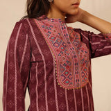 Wine Striped Kurta Set with Mirrorwork