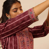 Wine Striped Kurta Set with Mirrorwork