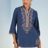 Blue Boho Straight Tunic with Dense Embroidery