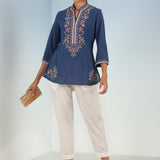 Blue Boho Straight Tunic with Dense Embroidery