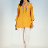 Yellow Floral Tunic with Shoulder Gathers