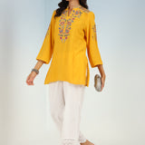 Yellow Floral Tunic with Shoulder Gathers