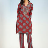 Red Printed Kurta Set with V Neck and Sequins Work