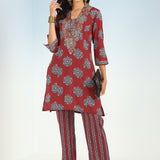 Red Printed Kurta Set with V Neck and Sequins Work