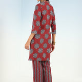 Red Printed Kurta Set with V Neck and Sequins Work