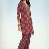 Red Printed Kurta Set with V Neck and Sequins Work