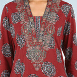 Red Printed Kurta Set with V Neck and Sequins Work