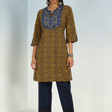 Navy Round Neck Straight Fit kurti with Patch Work