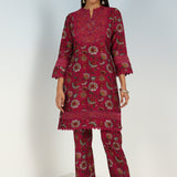 Fuchsia Floral Printed Modal Chanderi Kurta Set with Lace Work