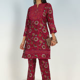 Fuchsia Floral Printed Modal Chanderi Kurta Set with Lace Work