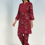 Fuchsia Floral Printed Modal Chanderi Kurta Set with Lace Work