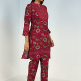 Fuchsia Floral Printed Modal Chanderi Kurta Set with Lace Work