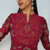 Fuchsia Floral Printed Modal Chanderi Kurta Set with Lace Work