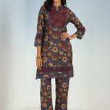 Purple Floral Printed Modal Chanderi Kurta Set with Lace Work