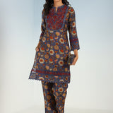 Purple Floral Printed Modal Chanderi Kurta Set with Lace Work