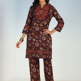 Maroon Floral Printed Modal Chanderi Kurta Set with Lace Work