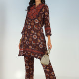 Maroon Floral Printed Modal Chanderi Kurta Set with Lace Work