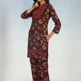 Maroon Floral Printed Modal Chanderi Kurta Set with Lace Work