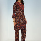 Maroon Floral Printed Modal Chanderi Kurta Set with Lace Work