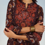 Maroon Floral Printed Modal Chanderi Kurta Set with Lace Work