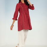 Brick Red A Line Tunic with Smocking Front and Classic Collar