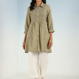 Green A Line Tunic with Smocking Front and Classic Collar