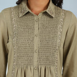 Green A Line Tunic with Smocking Front and Classic Collar