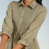 Green A Line Tunic with Smocking Front and Classic Collar