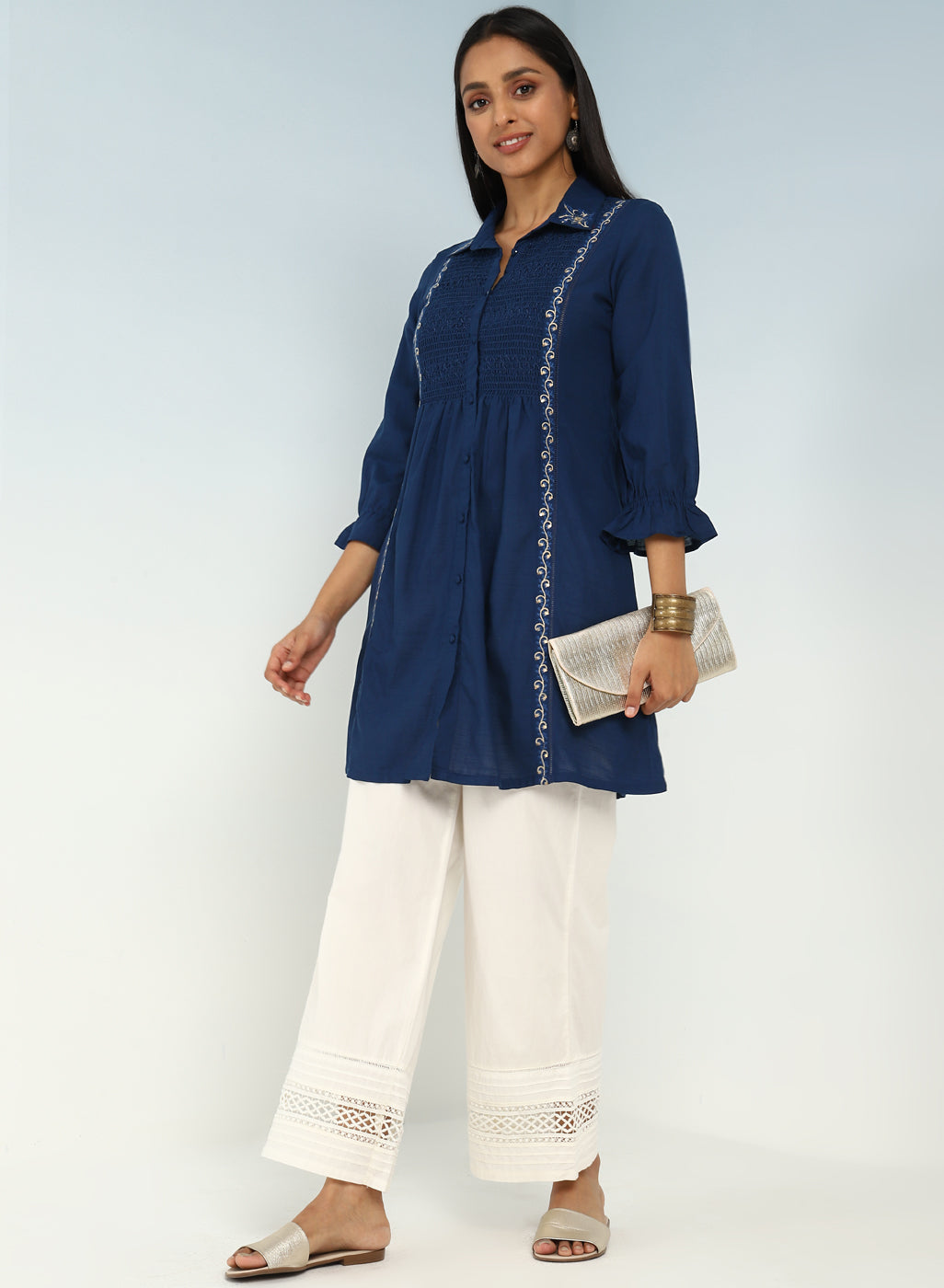 Blue A Line Tunic with Smocking Front and Classic Collar-23AWLK04029-4A ...
