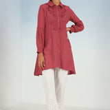 Watermelon Pink Kurti with Curved Hem and Pleated Sleeves