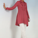 Watermelon Pink Kurti with Curved Hem and Pleated Sleeves